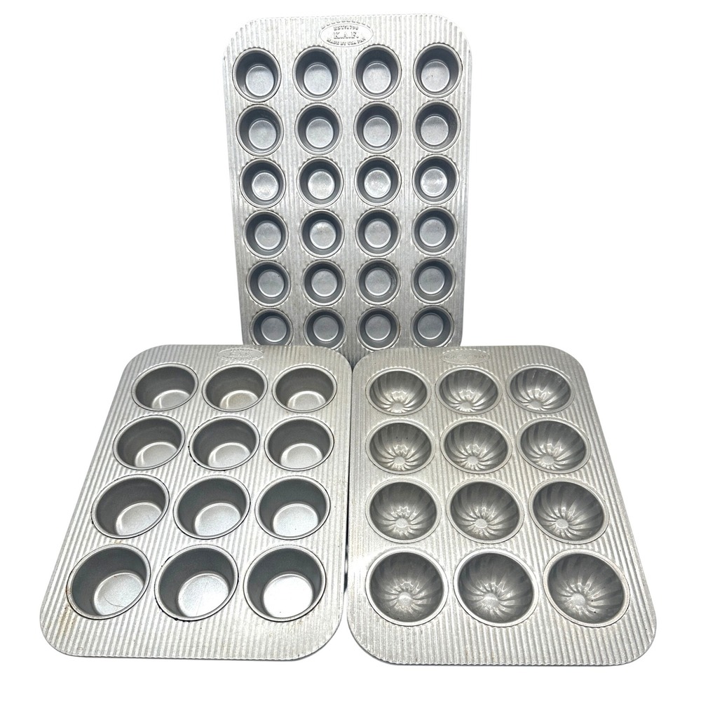 USA Pan K.A.F. Muffin Pan Set 3pc Silver Aluminized Steel Fluted Mini Standard